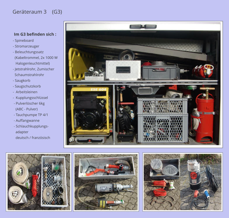 Im G3 befinden sich : - Spineboard - Stromarzeuger  - Beleuchtungssatz    (Kabeltrommel, 2x 1000 W    Halogenleuchtmittel) - Jetstrahlrohr, Zumischer    Schaumstrahlrohr - Saugkorb - Saugschutzkorb -  Arbeitsleinen -  Kupplungsschlssel  - Pulverlscher 6kg      (ABC - Pulver)   - Tauchpumpe TP 4/1  - Auffangwanne  - Schlauchkupplungs-    adapter     deutsch / franzsisch Gerteraum 3    (G3)